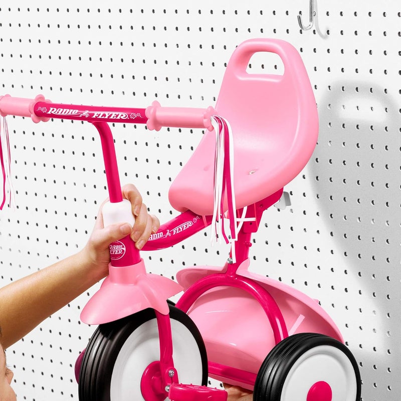 Radio Flyer 415PS دراجة ثلاثية العجلات للأطفال قابلة للتعديل ومجمعة جاهزة للمبتدئين مع إطار فولاذي وقابلة للطي مع حاوية تخزين واسعة وخيوط مقبض، وردي - Image 4