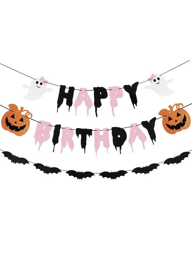 LeeSky Pink Black Halloween Happy Birthday Banner and Bats Garland, Pumpkin Birthday Decorations for Girls - Image 1
