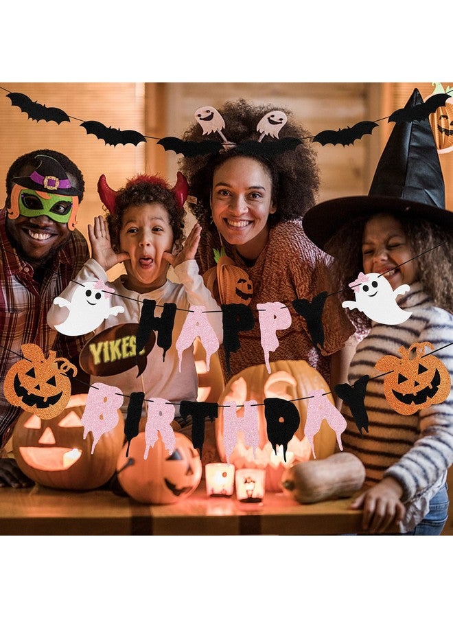 LeeSky Pink Black Halloween Happy Birthday Banner and Bats Garland, Pumpkin Birthday Decorations for Girls - Image 3