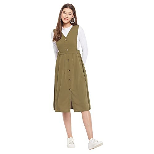 WineRed Women Soild Pinafore Midi Dress With Button Green - Image 1