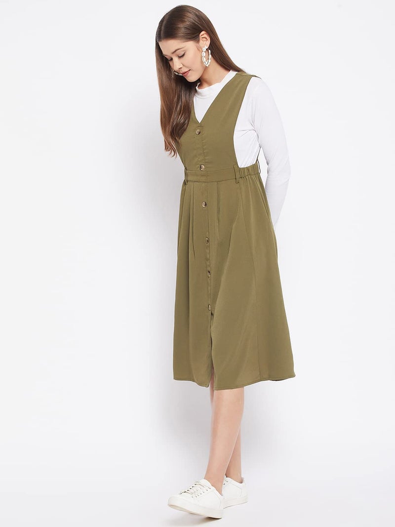 WineRed Women Soild Pinafore Midi Dress With Button Green - Image 5