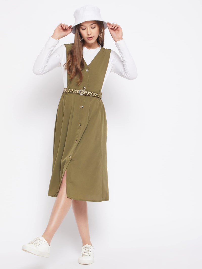 WineRed Women Soild Pinafore Midi Dress With Button Green - Image 3