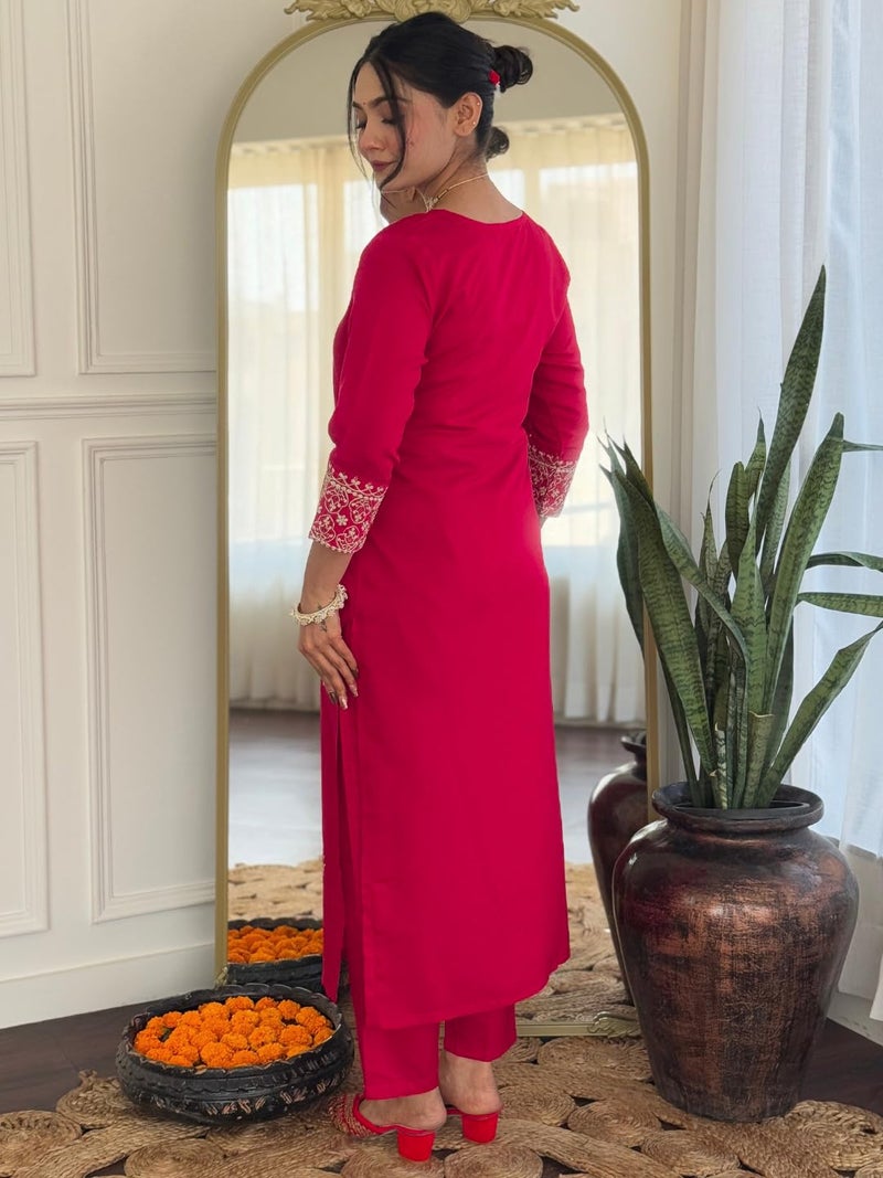 Naixa Women's Gajri Chanderi Embroidered Straight Kurta with Chanderi Silk Pant and Chanderi Silk Laced Dupatta Sets (NK-426-Gajri-XS) - Image 4