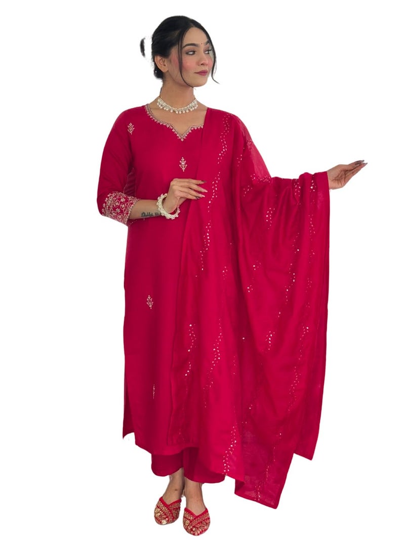 Naixa Women's Gajri Chanderi Embroidered Straight Kurta with Chanderi Silk Pant and Chanderi Silk Laced Dupatta Sets (NK-426-Gajri-XS) - Image 1