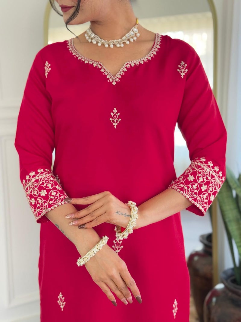 Naixa Women's Gajri Chanderi Embroidered Straight Kurta with Chanderi Silk Pant and Chanderi Silk Laced Dupatta Sets (NK-426-Gajri-XS) - Image 5