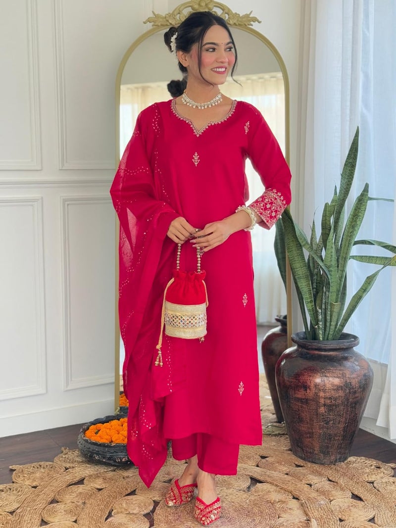 Naixa Women's Gajri Chanderi Embroidered Straight Kurta with Chanderi Silk Pant and Chanderi Silk Laced Dupatta Sets (NK-426-Gajri-XS) - Image 2