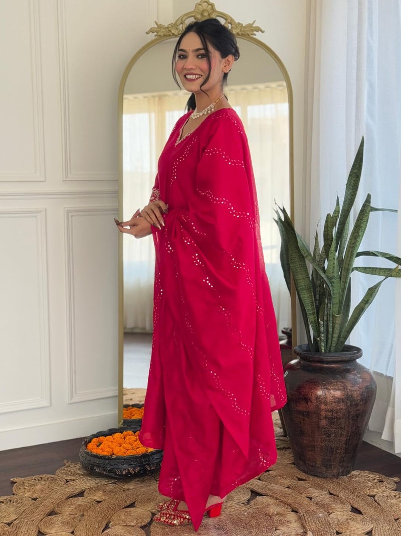Naixa Women's Gajri Chanderi Embroidered Straight Kurta with Chanderi Silk Pant and Chanderi Silk Laced Dupatta Sets (NK-426-Gajri-XS) - Image 3