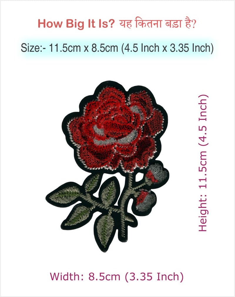 Red Rose Flowers Applique Embroidered Sew-on Patch ; Size: 11.5cm x 8.5cm for Jackets, Caps, T-Shirts, Bags, Jeans, Pants, Outdoor Clothing ; Imported from Malaysia (1 Piece). (Code: M-1)