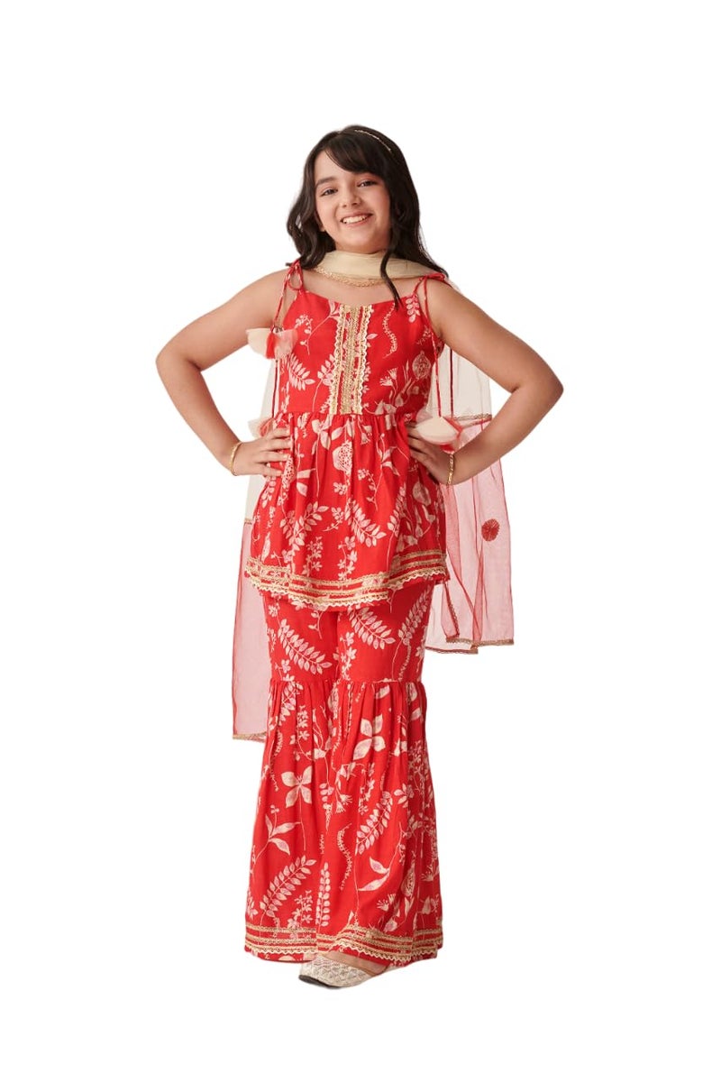 Pspeaches Girls Floral Printed Regular Kurti with Sharara & With Dupatta (8-10Years) - Image 1