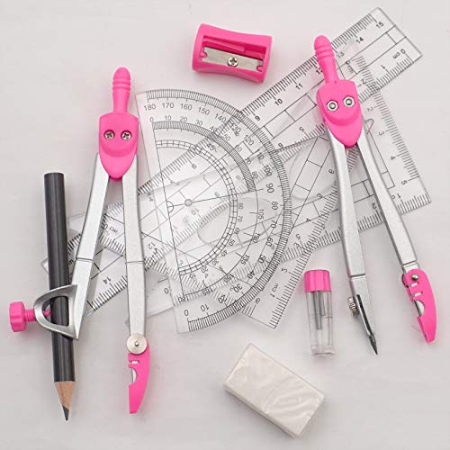 Akuoly Geometry Set Maths Compasses for Grade Students Back to School Supplies with Compasses Protractor in Carry Case, Pink - Image 4