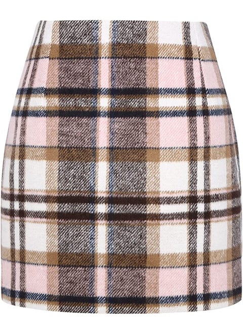 High-Waist Plaid Wool Pencil Mini Skirt Pink grid