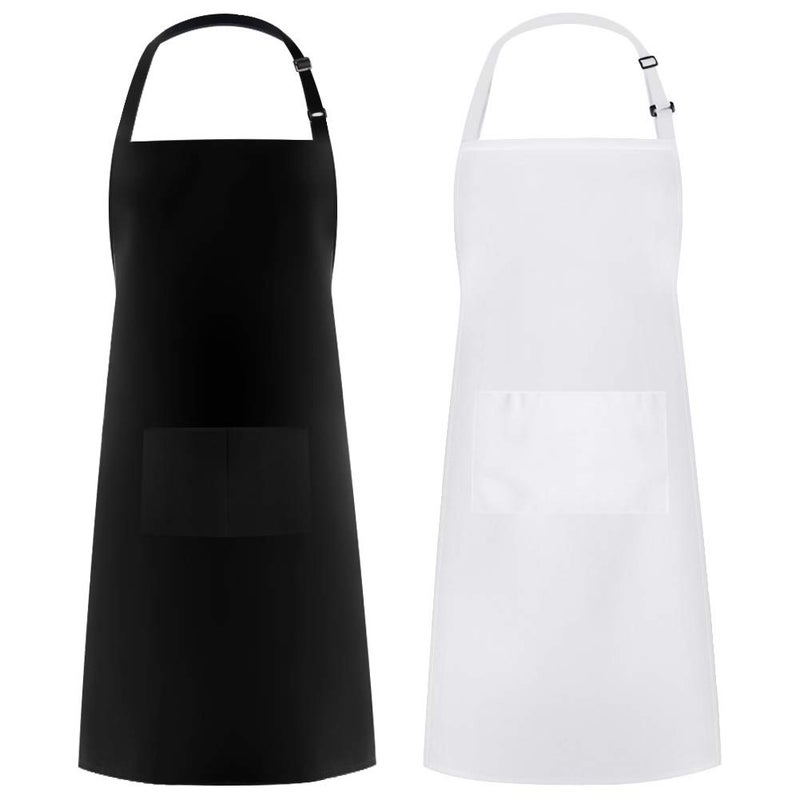 Syntus 2 Pack Adjustable Bib Apron Thicker Version Waterdrop Resistant with 2 Pockets Cooking Kitchen Aprons for Women Men Chef White  Black