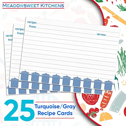Meadowsweet Kitchens Recipe Card Set - 25 Double Sided Recipe Cards 4 x 6 Inch, Perfect Size Blank Cards for a Recipe Card Box, Make Your Own Personalized Recipe Book - Turquoise Gray - Image 2
