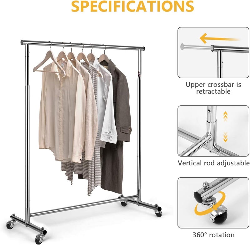 VOWNER Clothes Rack, Coat Rack, Clothes Rack, Adjustable Height, Telescopic Clothes Rail with Wheels, 132 x 40 x 170 cm, 360° Rotating, Chrome-Plated Metal - Image 3