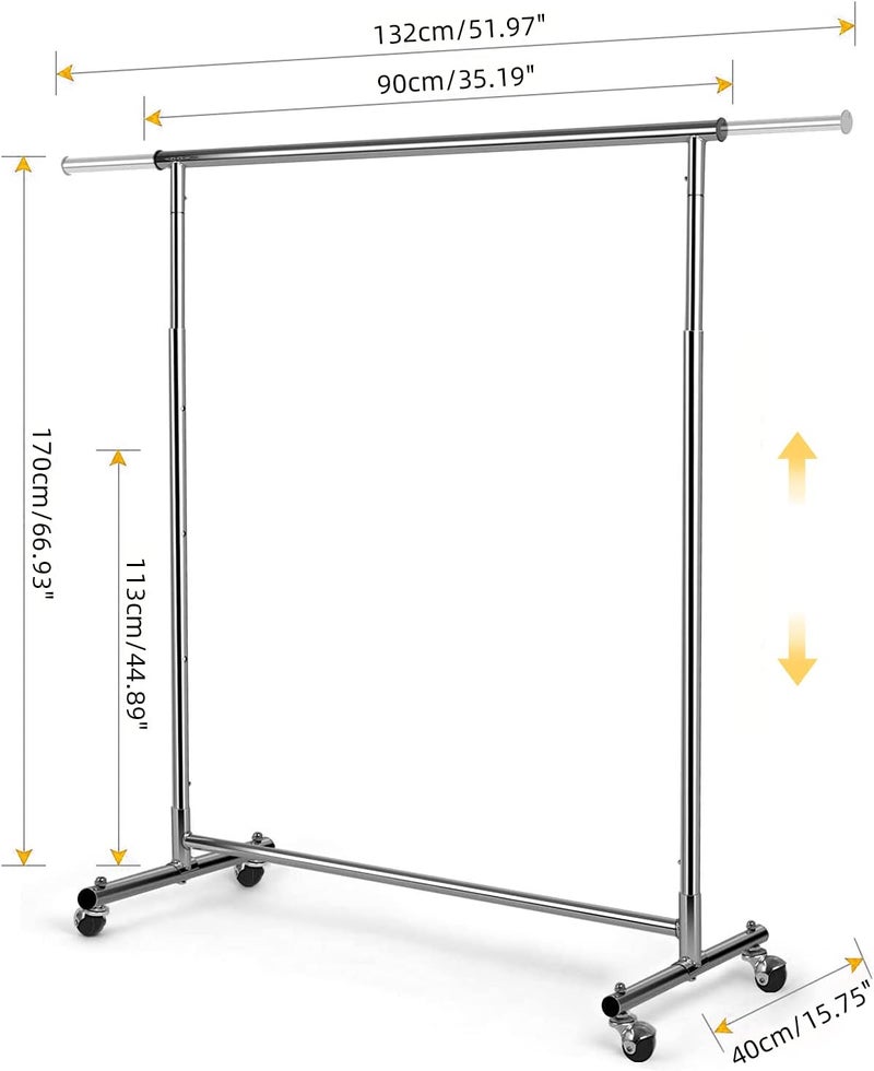 VOWNER Clothes Rack, Coat Rack, Clothes Rack, Adjustable Height, Telescopic Clothes Rail with Wheels, 132 x 40 x 170 cm, 360° Rotating, Chrome-Plated Metal - Image 2