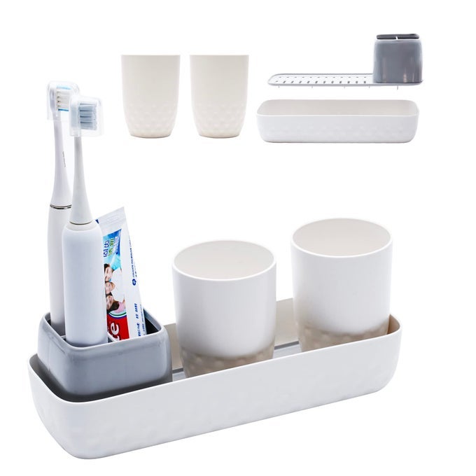 TOOTHBRUSH HOLDERS FOR BATHROOMSKIDS ELECTRIC TOOTHBRUSH HOLDER WITH 2 CUPS SETWHITE TOOTH BRUSH TOOTHPASTE CADDY STORAGESMALL BATHROOM COUNTERTOP ORGANIZER STAND FOR MEN FARMHOUSE FAMILY