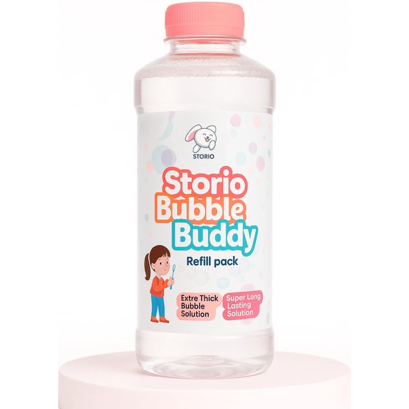 Storio زجاجة محلول فقاعات سائلة 750 مل | إعادة تعبئة فقاعات ملونة لبنادق الفقاعات، الكاميرات وألعاب الآلات | ماء فقاعات آمن ومعتمد من BIS للأطفال من عمر 3 سنوات فما فوق - Image 1