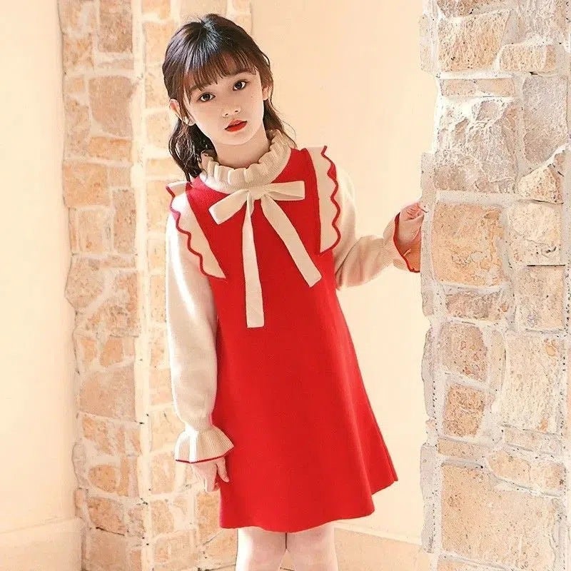 Girls dress autumn and winter new medium and large childrens long-sleeved sweater knitted skirt lace college style childrens skirt autumn clothing Red