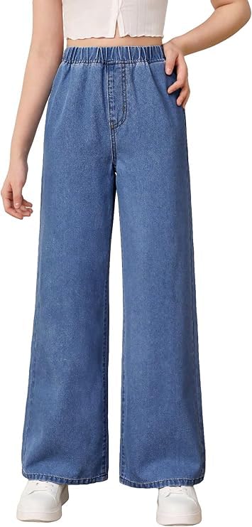 ADBUCKS Girl's Stretch Denim Wide Leg Jeans Comfort Fit with Elastic Waistband, Straight Cut, Casual Style for All Seasons, Versatile Clothing (in, Age, 6 Years, 7 Years, Stone) - Image 5