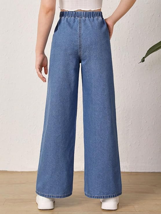 ADBUCKS Girl's Stretch Denim Wide Leg Jeans Comfort Fit with Elastic Waistband, Straight Cut, Casual Style for All Seasons, Versatile Clothing (in, Age, 6 Years, 7 Years, Stone) - Image 4
