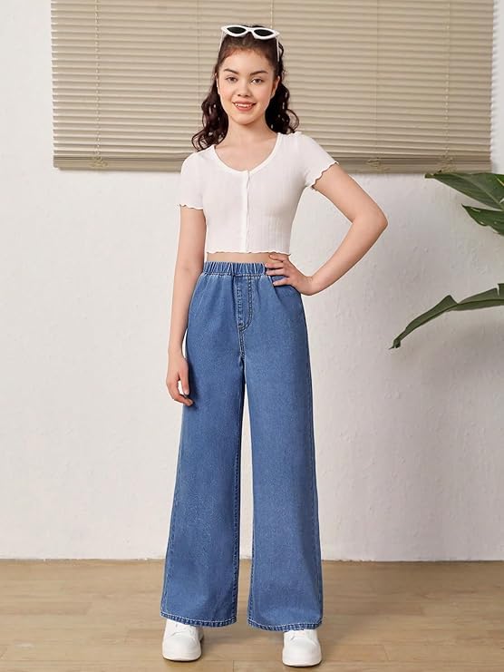 ADBUCKS Girl's Stretch Denim Wide Leg Jeans Comfort Fit with Elastic Waistband, Straight Cut, Casual Style for All Seasons, Versatile Clothing (in, Age, 6 Years, 7 Years, Stone) - Image 2