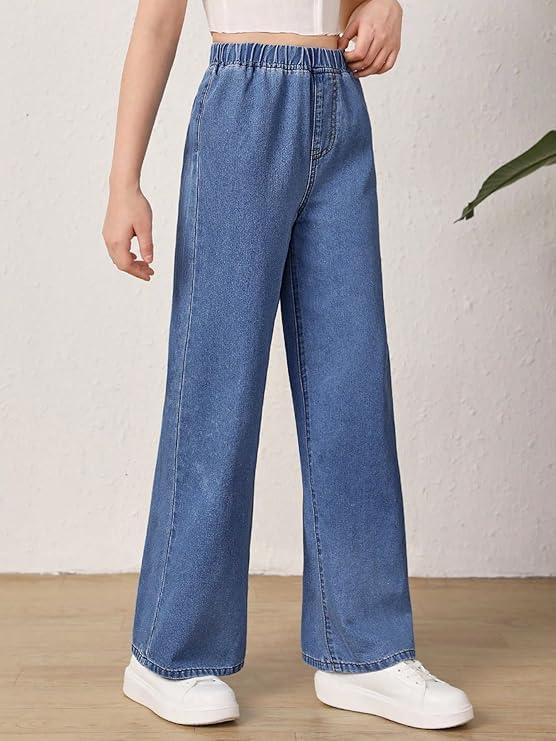 ADBUCKS Girl's Stretch Denim Wide Leg Jeans Comfort Fit with Elastic Waistband, Straight Cut, Casual Style for All Seasons, Versatile Clothing (in, Age, 6 Years, 7 Years, Stone) - Image 3