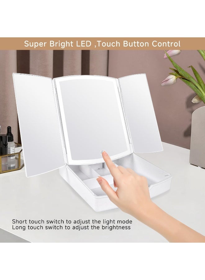 مرآة مكياج LED SAFENHAND مع تخزين، مرآة تجميل قابلة للطي 5X مكبرة، تحكم باللمس في السطوع، دوران 180°، تعمل بالبطارية/USB، بيضاء - Image 4
