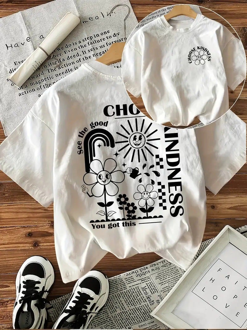 Shein New Product Plant Flower Letter Double-Sided Printed T-Shirt Niche Fashion Pure Cotton T-Shirt - Image 2