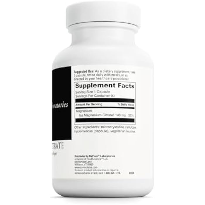 DaVinci Labs Magnesium Citrate - Dietary Supplement to Support Muscle Health, Healthy Nerves and Mineral Absorption* - with 140 mg Magnesium per Serving - Gluten-Free - 90 Vegetable Capsules - Image 2