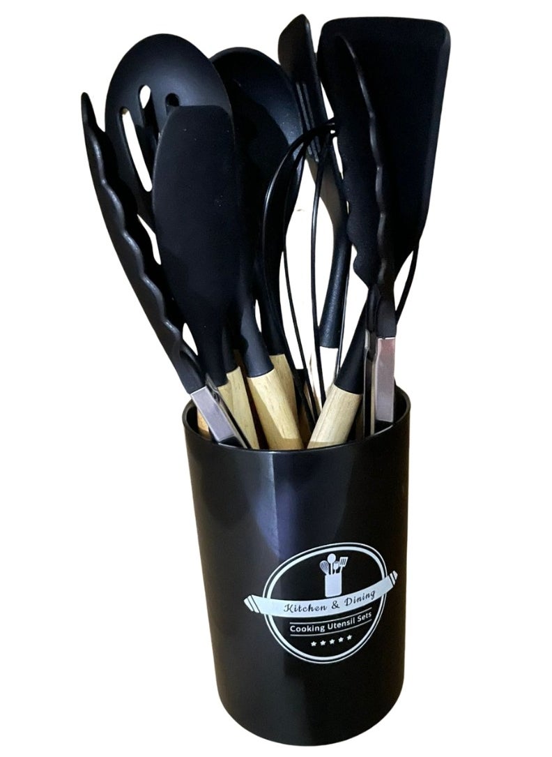 Generic - 12 Pieces Nonstick Non Scratch Silicone Cookware Utensils Set with Wooden Handle and Holders (black Color) - Image 1