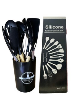 12 Pieces Nonstick Non Scratch Silicone Cookware Utensils Set with Wooden Handle and Holders (black Color)