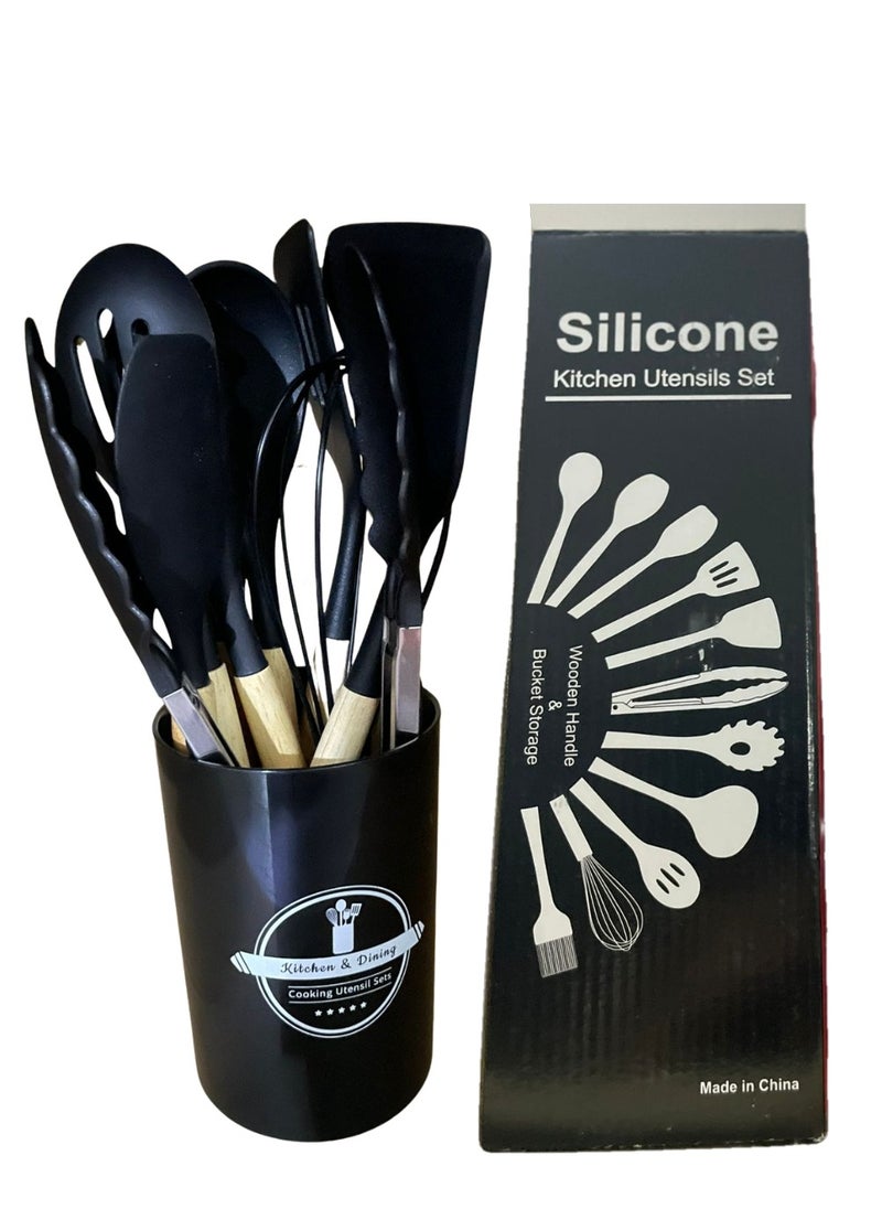 Generic - 12 Pieces Nonstick Non Scratch Silicone Cookware Utensils Set with Wooden Handle and Holders (black Color) - Image 1