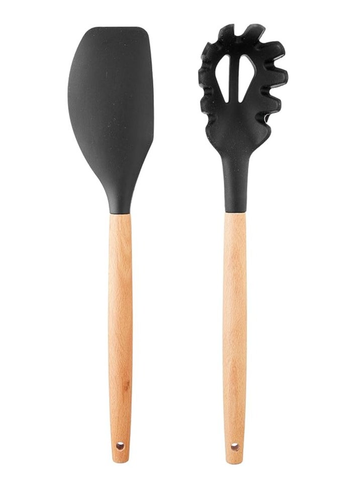 Generic - 12 Pieces Nonstick Non Scratch Silicone Cookware Utensils Set with Wooden Handle and Holders (black Color) - Image 1