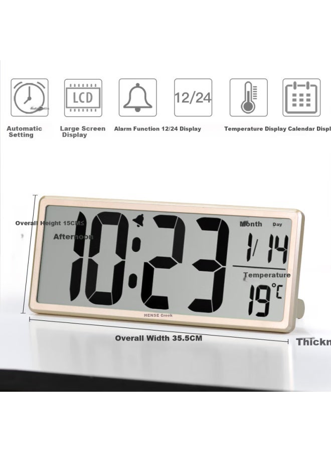 Hense Creative Electronic Clock Perpetual Calendar Large Screen Wall Clock Table Clock Lcd Display Alarm Clock Living Room Desk Clock Ha88 Gold 36cm - Image 2