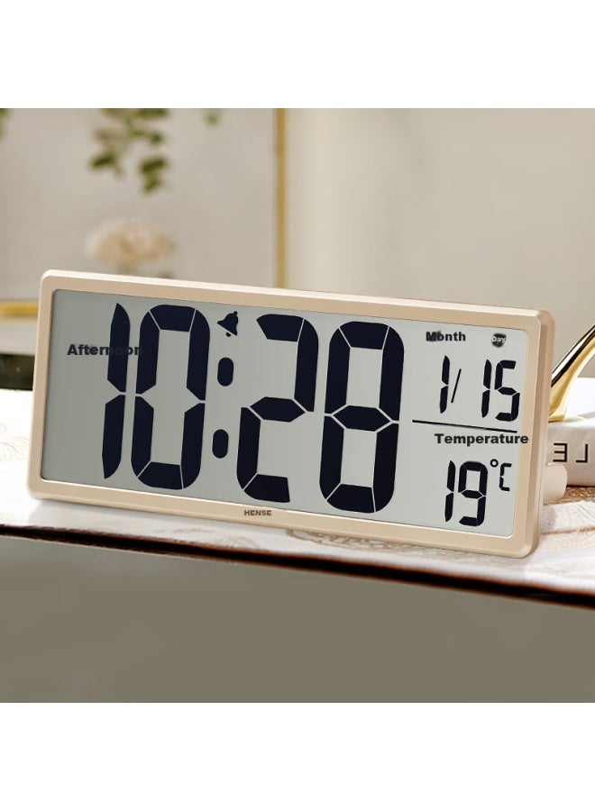 Hense Creative Electronic Clock Perpetual Calendar Large Screen Wall Clock Table Clock Lcd Display Alarm Clock Living Room Desk Clock Ha88 Gold 36cm - Image 1