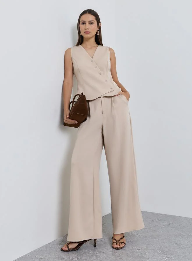 Styli Khaki Asymmetric Button Waistcoat and Trousers Set