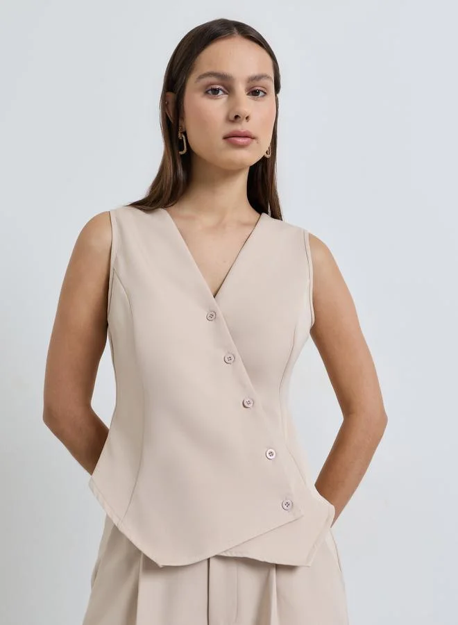 Styli Khaki Asymmetric Button Waistcoat and Trousers Set