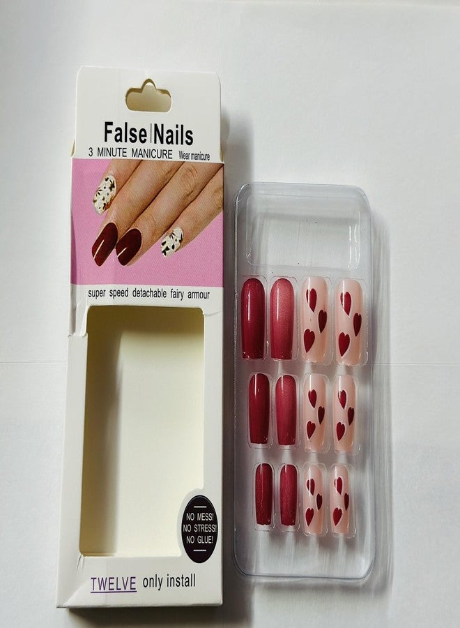 Calyrex 24pcs French False Nails, Short Square Press on Nails Gradient Acrylic Full Cover Stick on Nails with Design Elegant Fake Nails Women Girls Nail Art Accessories (Brown Line)