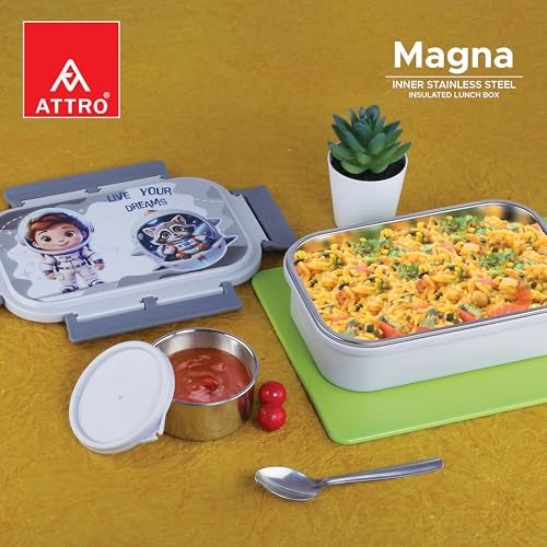 ATTRO Magna Insulated Lunch Box with 1 Small Container & Spoon Eyecatchy Astronaut Print Inner Steel & Outer Plastic BPA Free Food Grade 800ml+170ml- Grey - Image 2