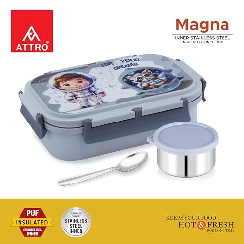 ATTRO Magna Insulated Lunch Box with 1 Small Container & Spoon Eyecatchy Astronaut Print Inner Steel & Outer Plastic BPA Free Food Grade 800ml+170ml- Grey - Image 3