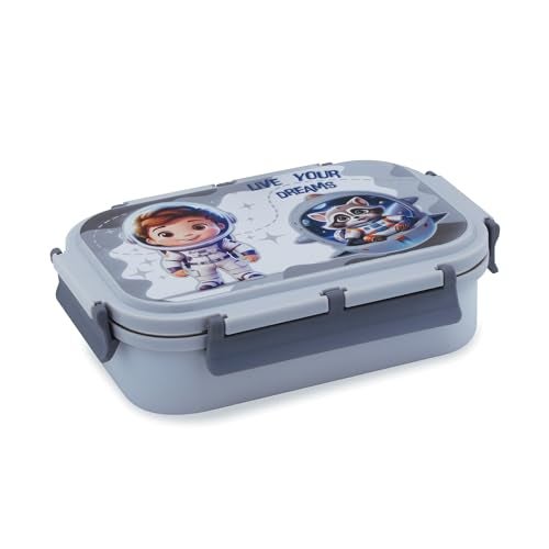 ATTRO Magna Insulated Lunch Box with 1 Small Container & Spoon Eyecatchy Astronaut Print Inner Steel & Outer Plastic BPA Free Food Grade 800ml+170ml- Grey - Image 1