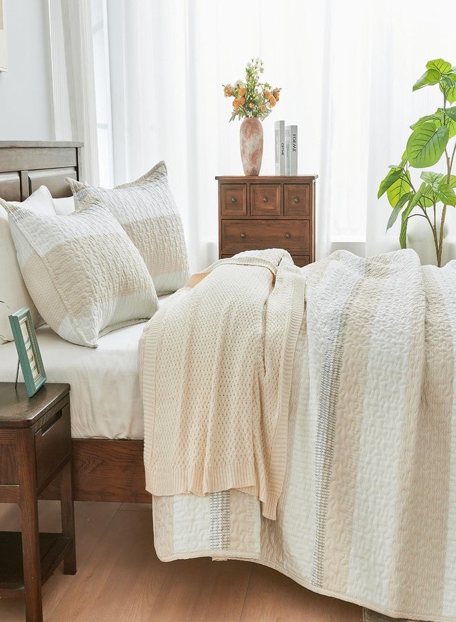 Andency Queen Quilt Bedding Set Beige, 3 Pieces Patchwork Beige Striped Ultra Soft Lightweight Bedspreads, Coverlets Set with 2 Pillow Shams for All Seasons (90"x96") - Image 2