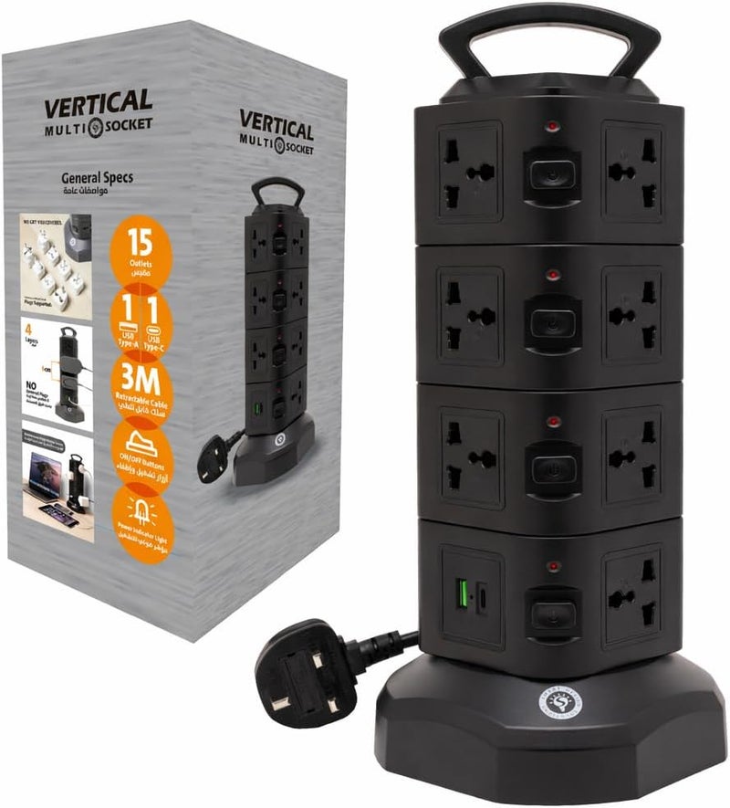 Smart Design Solutions Tower Extension Power Strip with Surge Protection | Multi Plug Vertical Design | Integrated USB Ports | 3M Cable - Image 1