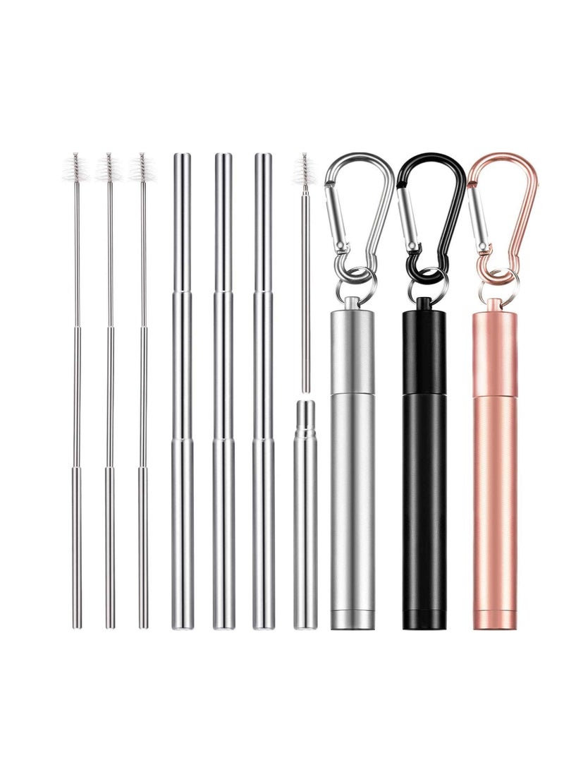SYOSI Reusable Telescopic Metal Straws, 3 Pack Stainless Steel Collapsible Drinking Straw, Portable Pocket Drinking Straws for Travel, with Cleaning Brush & Carabiner (Rose, Black, Silver) - Image 1