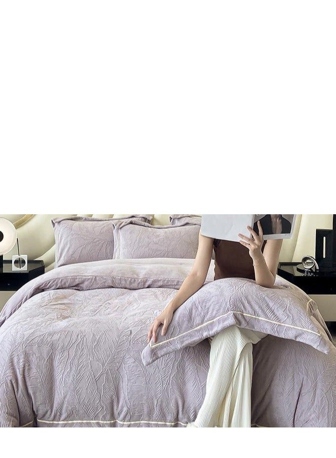طقم سرير - قماش مخمل منقوش مع حواف مطرزة واسعة من المخمل الأبيض، مكون من 4 قطع - Image 3