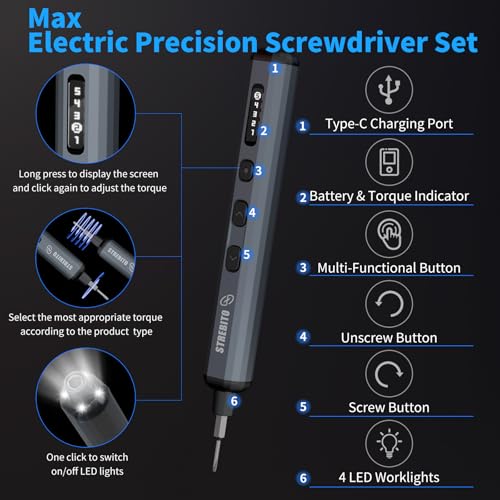 STREBITO Mini Electric Screwdriver Set, 70-in-1 Max Precision Electric Screwdriver Kit with Lights, 5 Upgraded Torque Levels, 64 Magnetic Bits, Electric Screwdriver Cordless for PC RC Electronics - Image 3
