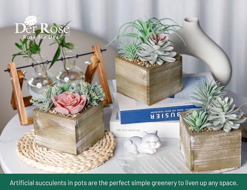 Der Rose Set of 3 Succulents Plants Artificial Fake Plants in Wood Pots with Pink Fake Flowers for Farmhouse Bathroom Desk Sheif Decor - Image 3