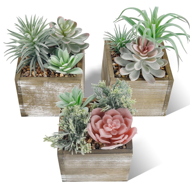 Der Rose Set of 3 Succulents Plants Artificial Fake Plants in Wood Pots with Pink Fake Flowers for Farmhouse Bathroom Desk Sheif Decor - Image 2
