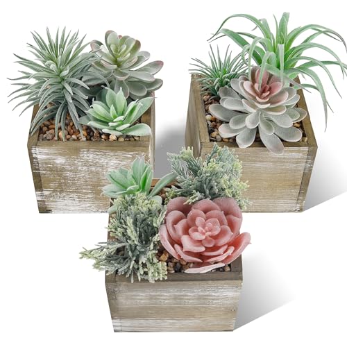 Der Rose Set of 3 Succulents Plants Artificial Fake Plants in Wood Pots with Pink Fake Flowers for Farmhouse Bathroom Desk Sheif Decor - Image 1