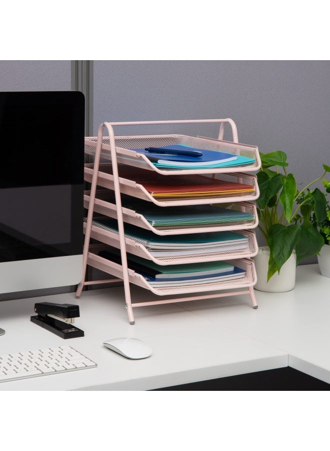 Mind Reader 5-Tier Paper Tray Organizer, Vertical Desktop File Storage Rack, Office, Metal Mesh, Pink - Image 2